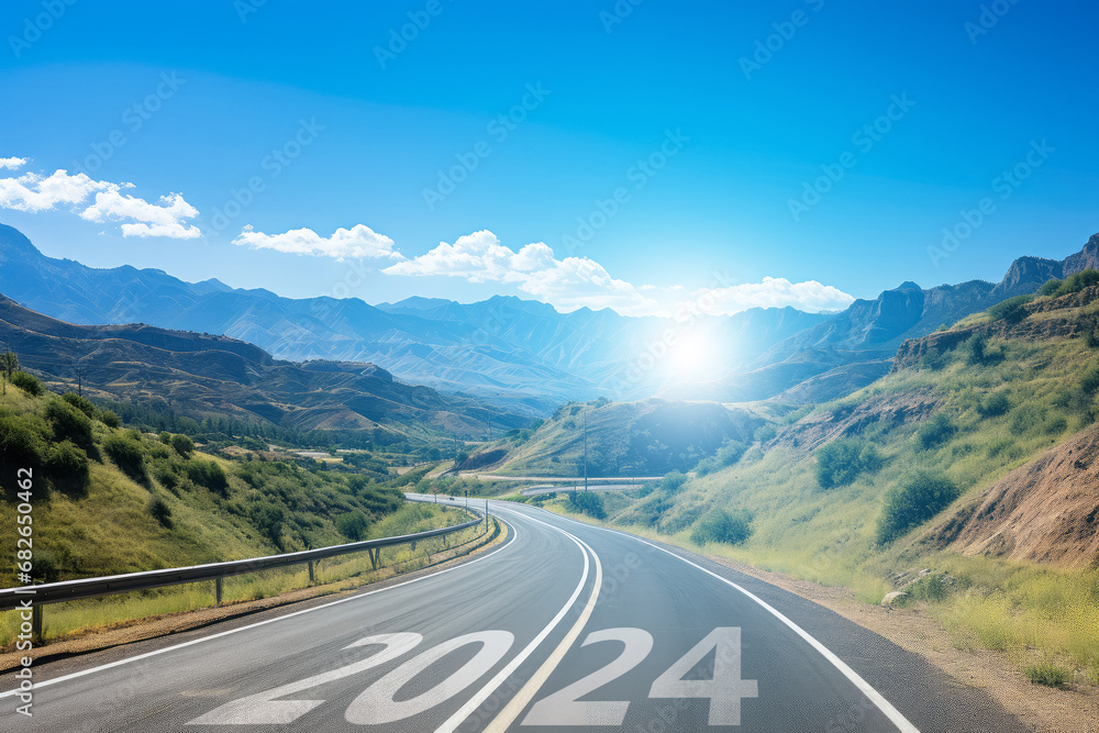 New year 2024 concept, Highway road and beautiful nature to start the new year 2024