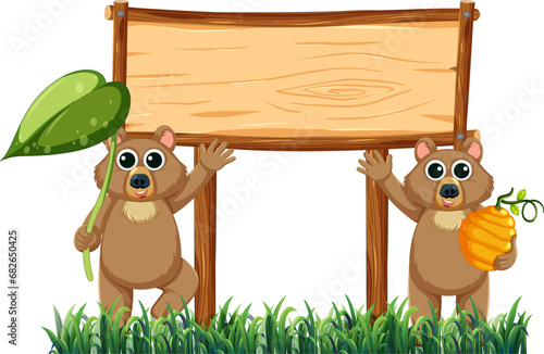Nature's Banner: Couple Bears Standing at Signboard Frame