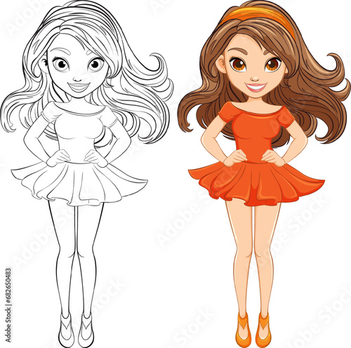 Beautiful Woman with Long Hair in Mini Dress Cartoon Character