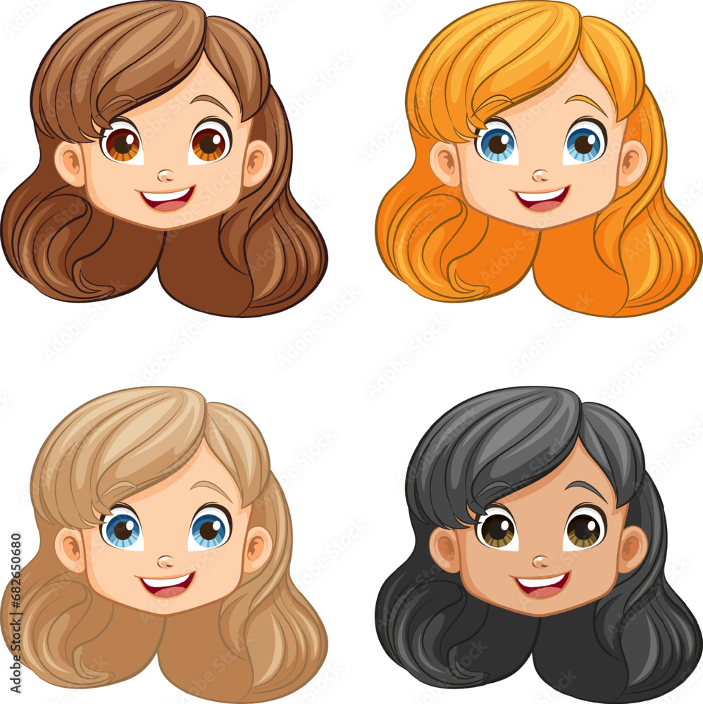 Smiling Cartoon Characters: Four Cute Girls with Happy Faces Smiling Cartoon Characters: Four Cute Girls with Happy Faces