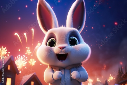 cute rabbit celebrating happy new year 2024 in snow 
