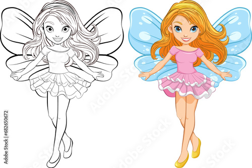 Beautiful Fairy with Wings Cartoon Character and Outline