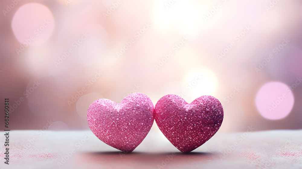 pink and white hearts Happy Valentine's Day valentines day, love or birthday celebration holiday background banner illustration greeting card - Two pink hearts on table with bokeh lights and glitter