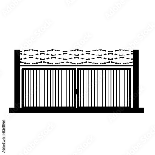 Military gate silhouette vector. Barbed wire gate silhouette can be used as icon, symbol or sign. Barbed wire gate icon vector for design of military base