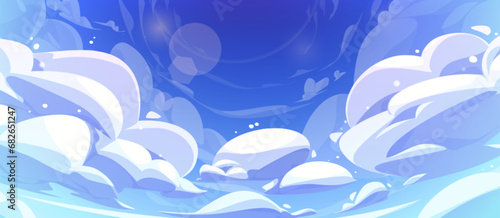 Blue anime cloud heaven sky vector background. White cumulus cloudy air scene with gradient. Fluffy sunny game scenery panorama wallpaper. Beautiful outdoor carefree environment illustration photo