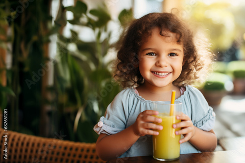 smiling little girl sitting at the table and holding glass of orange juice with straw