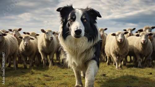 an image of a pet sheepdog herding a flock of contented sheep