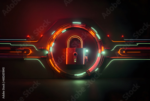 Lock with circuit pattern. Concept of data security, cybersecurity, cyber defense.