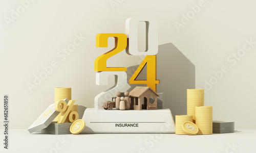 Fototapeta Naklejka Na Ścianę i Meble -  Concept of home protection and safety insurance Insurance for real estate, cars and the lives of family members Including financial planning in the new year 2024. 3d rendering illustration