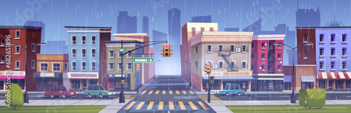 City street intersection in rainy weather. Vector cartoon illustration of cars on wet town road with water puddles, modern building facades with cafe and shops, traffic signs and lights, cloudy sky