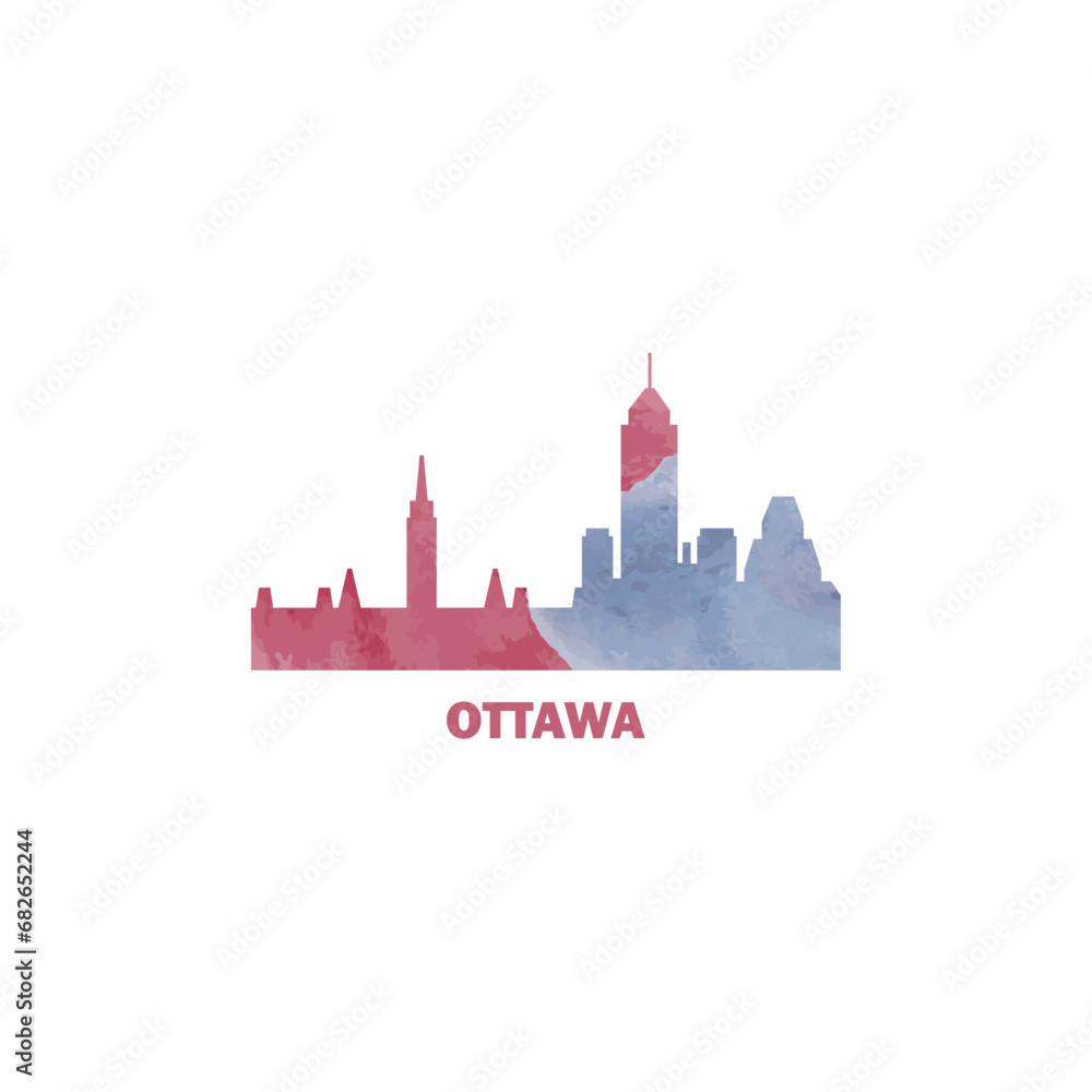 Naklejka premium Ottawa watercolor cityscape skyline city panorama vector flat modern logo, icon. Ontario province, Canada town emblem concept with landmarks and building silhouettes. Isolated graphic