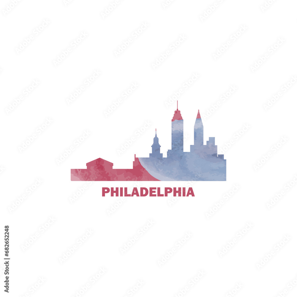 Philadelphia city US watercolor cityscape skyline panorama vector flat modern logo icon. USA, Pennsylvania state of America emblem with landmarks and building silhouettes. Isolated graphic