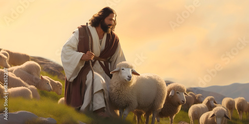 Jesus Christ, the good shepherd and sheep at green hill. AI generative photo