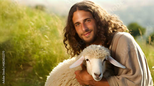 Jesus recovered the lost sheep carrying it in arms. Biblical story conceptual theme. photo