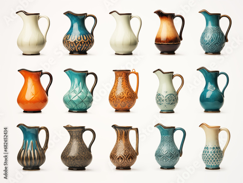 collection of colorful and patterned ceramic water pitchers. It is durable and not harmful to health. Illustration.