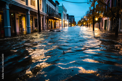 City street flooded with water, at evening