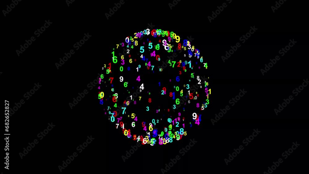 Spinning 3d sphere with colorful digital numbers on plain black background Spinning 3d sphere with colorful digital numbers on plain black background