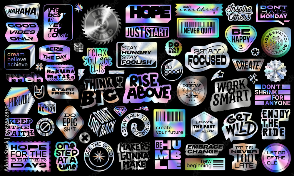 Collection of Vector Illustrations with Iridescent Foil Film. Set of Digital Holographic Modern Retro Futuristic Motivational Quotes. Shapes of Word with Hologram effects. Planner Sticker Scrapbook