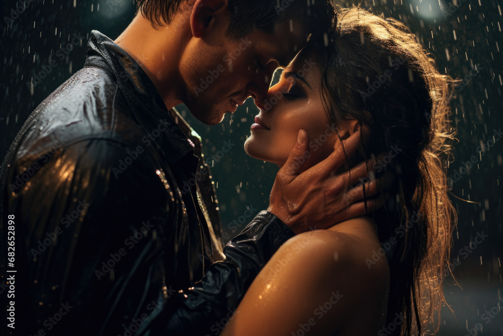 Couple sharing passionate kiss in rain, presenting deep emotional
