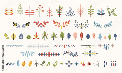 Folk flowers clip arts vector set in Scandinavian and Nordic style, hygge florals isolated designs on white. Collection of classic ethnic elements. Funny scandi folkloric botanical motifs