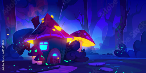 Gnome mushroom house in night forest. Vector cartoon illustration of fairytale woodland with small dwarf hut, neon light glowing in round wooden window and door, fireflies shimmering in darkness