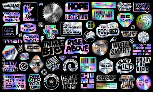 Collection of Vector Illustrations with Iridescent Foil Film. Set of Digital Holographic Modern Retro Futuristic Motivational Quotes. Shapes of Word with Hologram effects. Planner Sticker Scrapbook