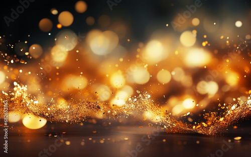 Abstract golden dust powder particles and sprinkles powder explosion for a holiday celebration like christmas. shiny gold lights. wallpaper background for ads or gifts wrap and web design