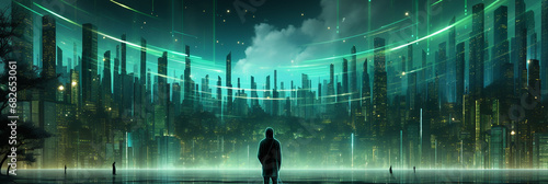 Wide banner image of an isolated man standing backward to the frame at the middle and looking at a futuristic buildings façade of an modern imaginative cyber technology city  photo