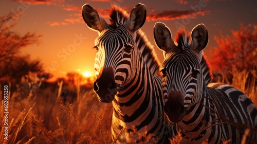 Beautiful wild animals African striped black and white zebras on the loose on a nature safari at sunset