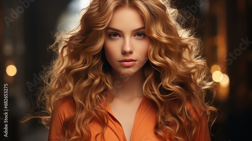 Beautiful young woman with chic voluminous red hair with a new hairstyle with twisted wavy curls