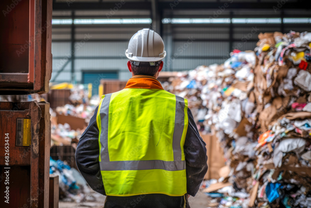 Rear view of male recycling worker looking at large piles materials at a recycling center. Concept of environmental awareness and recycling Rear view of male recycling worker looking at large piles materials at a recycling center. Concept of environmental awareness and recycling