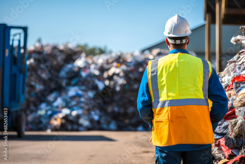 Rear view of male recycling worker looking at large piles materials at a recycling center. Concept of environmental awareness and recycling