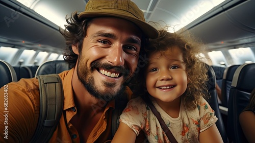 Happy joyful man with child tourist traveler airplane passenger on board airplane on flight on vacation. World travel and tourism concept