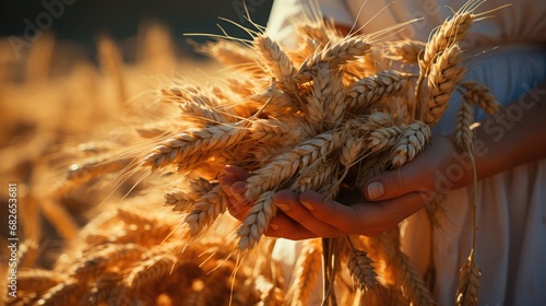 A man holds ears of wheat in his hands on a field, the concept of growing bread and food, farming and eco products