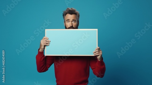 a picture of an eccentric, real guy holding up a placard in front of her in an empty space. isolated against a background of blue