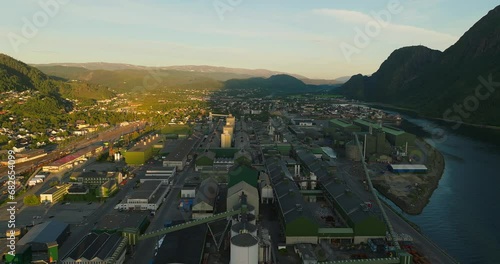 Aerial view over Mosjøen industrial aluminium plant during midnight sun, Norway photo