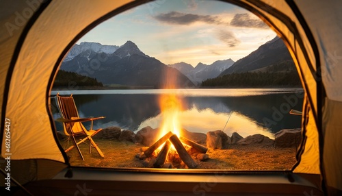 Wallpaper Mural Perfect place to sleep: Awesome adventure time in the wilderness: Bonfire on the shore of beautiful lake in the mountains. view to steep peaks in sunset evening with golden light. ai generated Torontodigital.ca