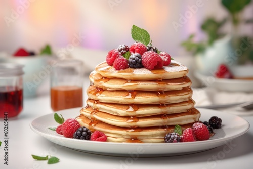 Delicious Pancake stack with syrup and berries