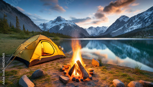 Awesome adventure time in the wilderness: Bonfire and tent on the shore of beautiful lake in the mountains. view to steep peaks in sunset evening with golden light. ai generated. 