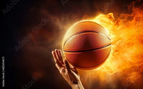 Photorealistic hand throwing orange basketball ball burning on black background. Fast dribble motion, goal banner. Sun burst motion rays. March madness poster design. Red fire flames. AI Generative.
