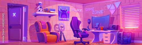 Computer gaming blogger studio. Vector cartoon illustration of lounge room with desktop pc, microphone, round led lamp, smartphone for streaming, armchairs, books and toy robot on shelf, wall poster