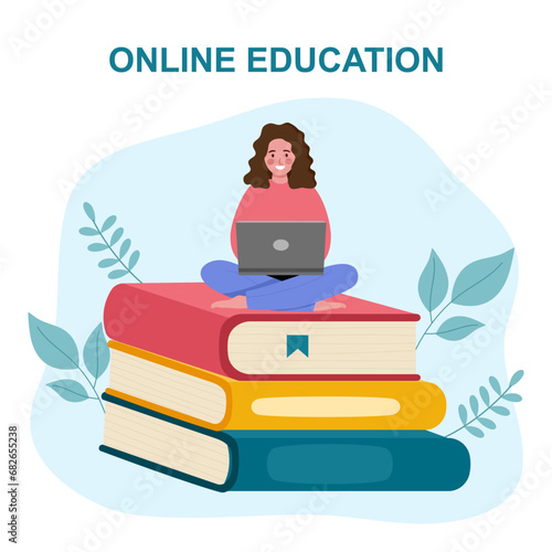 Young girl sitting on pile of books and using laptop in flat design. E learning and tutorial concept.