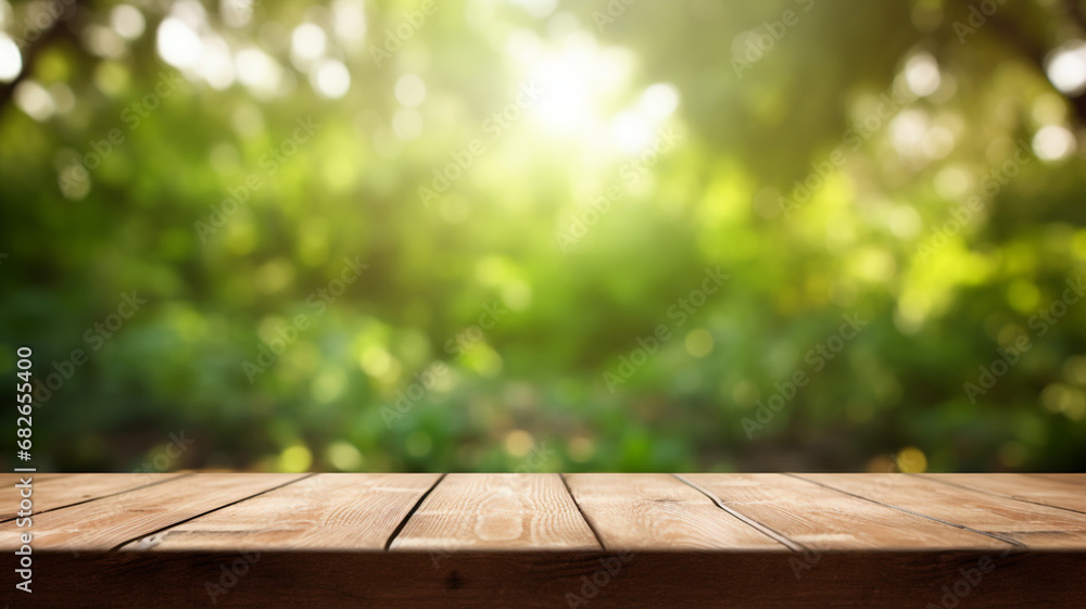Empty wooden and blurred green nature garden with sunlight