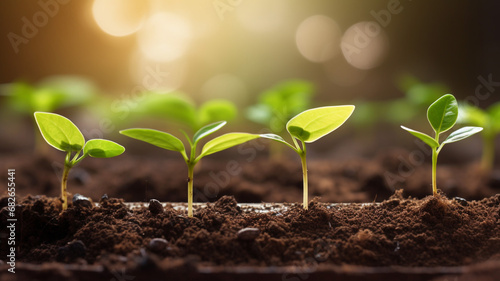 Growth Trees concept Coffee bean seedlings nature with beautiful blurred sunlight background
