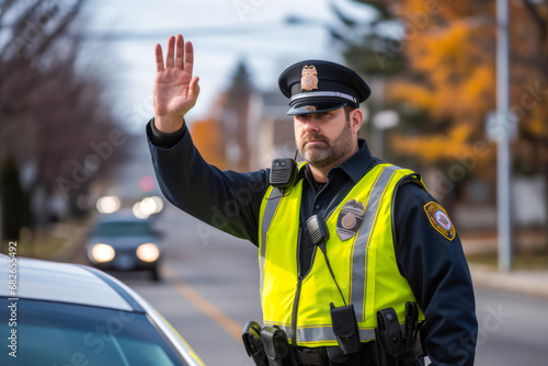 Male police officer directing traffic, trying to ease the congestion in a rush hour photo