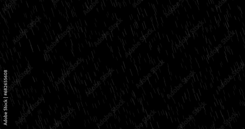 4K Cinematic Realistic rainfall animation overlay background in alpha luma matte. Heavy rain storm seamless loop animation. Surreal raindrops falling thunderstorm overlay. Raindrops on black bg.