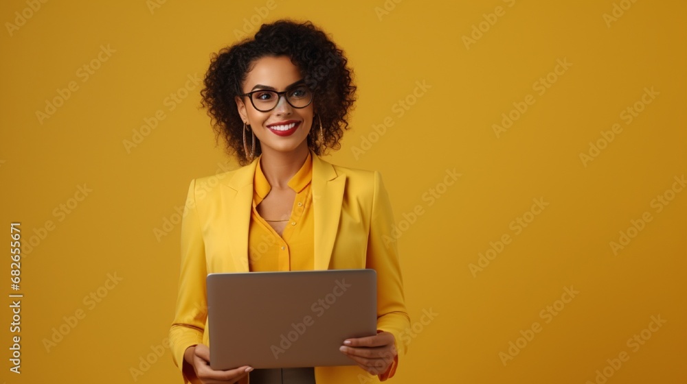 Beautiful, successful Brazilian businesswoman wearing elegant, fashionable clothing, holding a laptop, looking at the camera, and grinning amiably while standing on a solitary yellow background. Beautiful, successful Brazilian businesswoman wearing elegant, fashionable clothing, holding a laptop, looking at the camera, and grinning amiably while standing on a solitary yellow background.