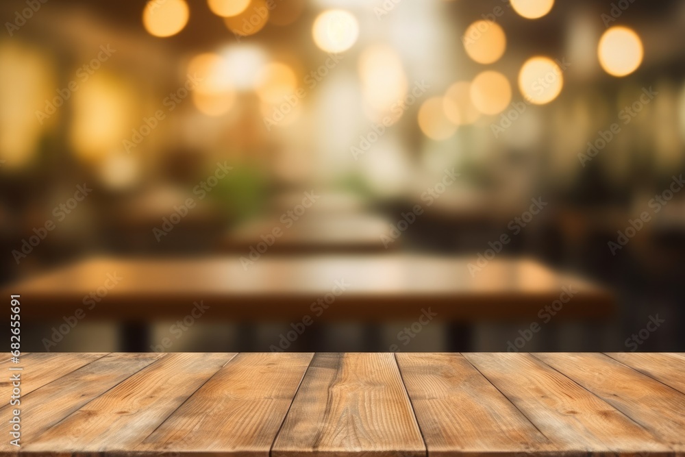 The empty wooden table top with blur background of cafe. Exuberant image. generative ai