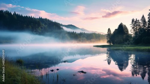 Misty morning scene of Lacu Rosu lake with fantastic view photo