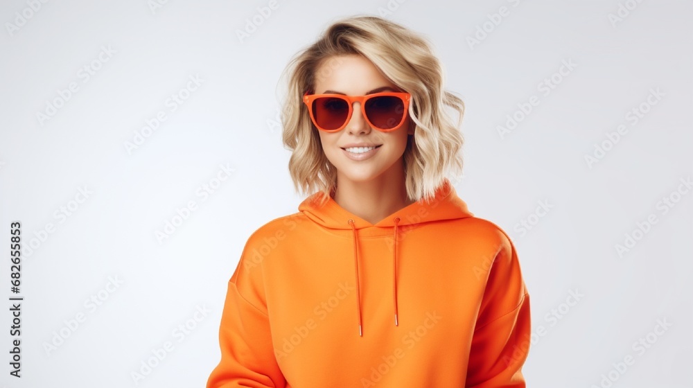 Chic and self-assured blonde dressed in a trendy orange sweatshirt and matching colored sunglasses, posing against a white backdrop. Copy, leave a text-only space. Chic and self-assured blonde dressed in a trendy orange sweatshirt and matching colored sunglasses, posing against a white backdrop. Copy, leave a text-only space.